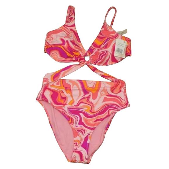 Jessica Simpson Pink One Piece O-Ring Peek-a-Boo Cutout High Leg 70's Small NWT - Picture 3 of 5